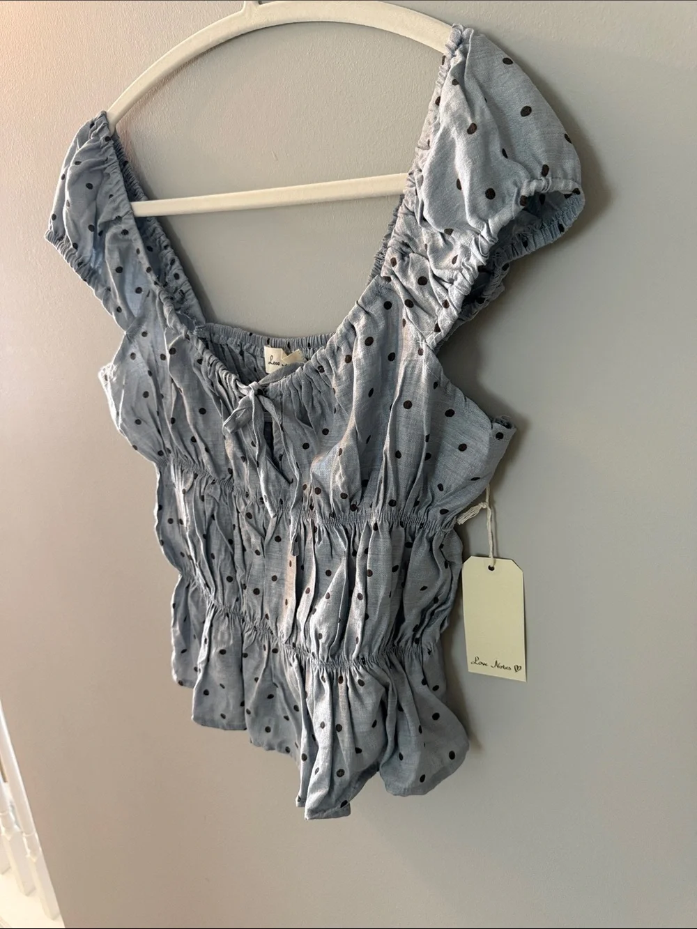 LOVE NOTES Light Blue Top w Black Polka Dots and Ruffle-Sleeve, L, NWT